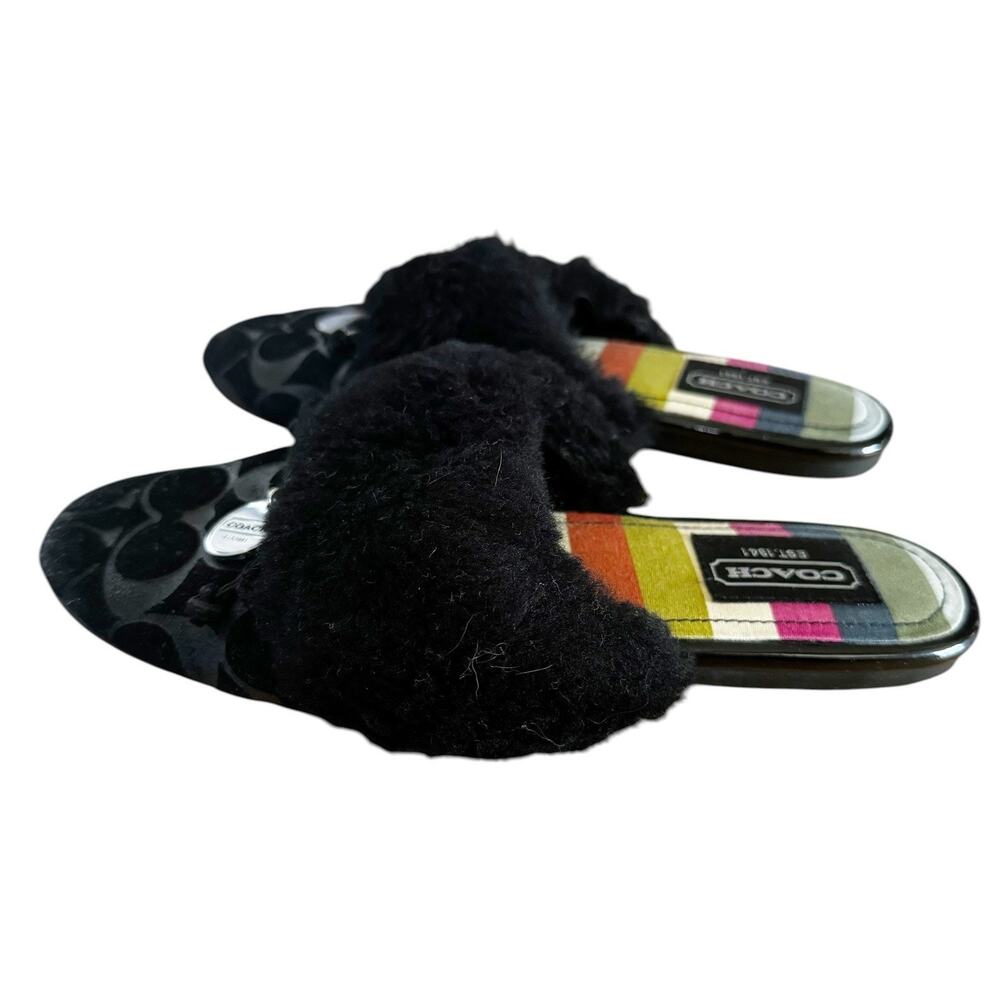 Coach Carra Black Logo Furry Slippers Size 6B - Picture 3 of 7